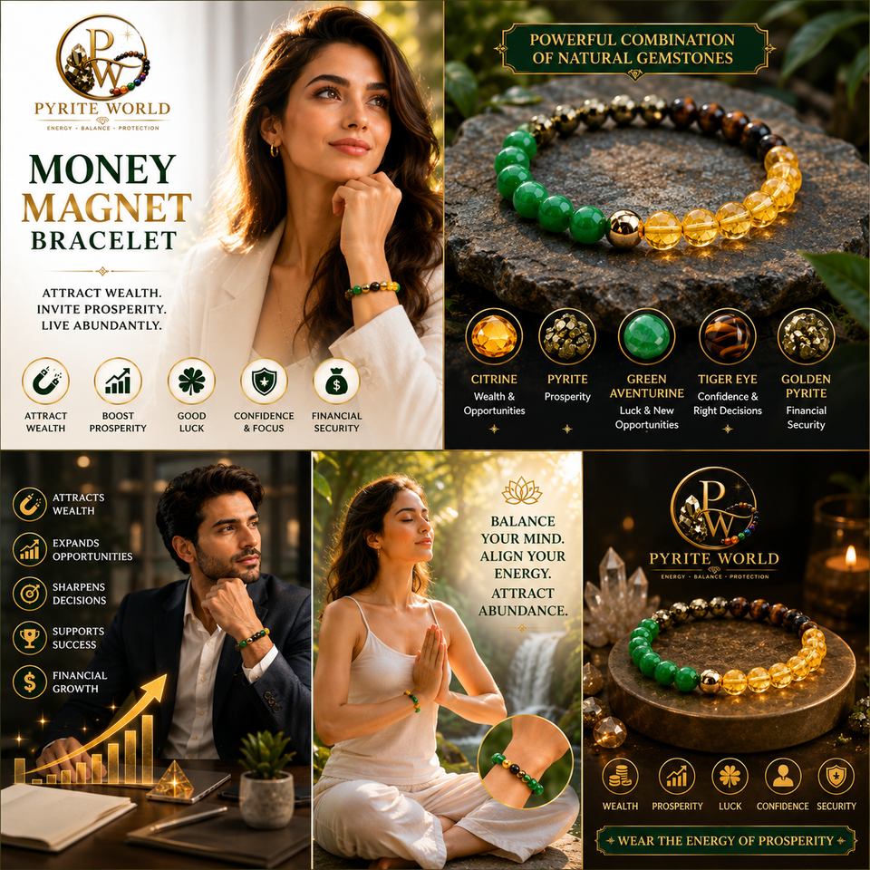 Pyrite World Money Magnet Bracelet for Men & Women | Natural Citrine, Pyrite, Green Aventurine, Tiger Eye & Golden Pyrite Crystal Beaded Bracelet | Wealth, Prosperity, Success, Positive Energy & Gift