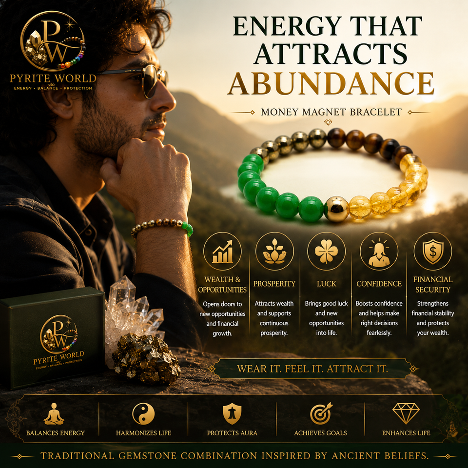 Pyrite World Money Magnet Bracelet for Men & Women | Natural Citrine, Pyrite, Green Aventurine, Tiger Eye & Golden Pyrite Crystal Beaded Bracelet | Wealth, Prosperity, Success, Positive Energy & Gift