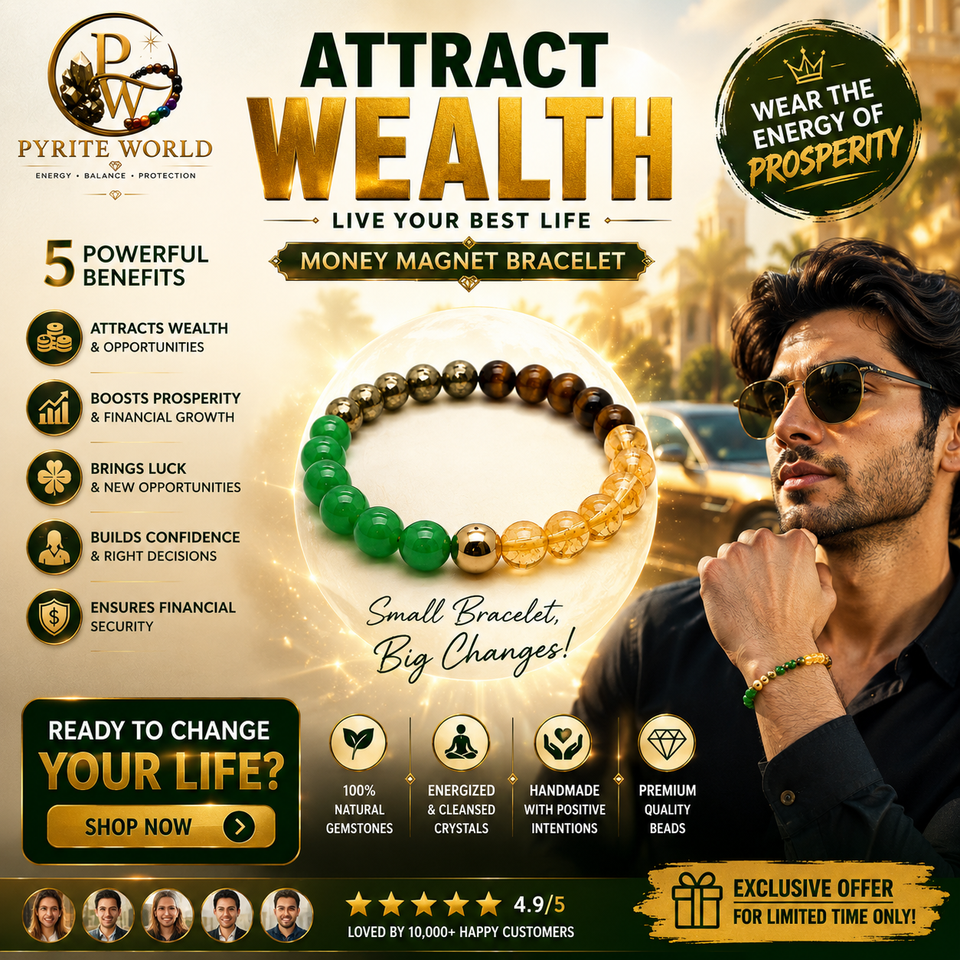 Pyrite World Money Magnet Bracelet for Men & Women | Natural Citrine, Pyrite, Green Aventurine, Tiger Eye & Golden Pyrite Crystal Beaded Bracelet | Wealth, Prosperity, Success, Positive Energy & Gift