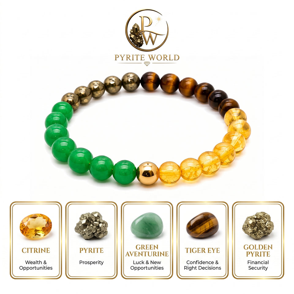Pyrite World Money Magnet Bracelet for Men & Women | Natural Citrine, Pyrite, Green Aventurine, Tiger Eye & Golden Pyrite Crystal Beaded Bracelet | Wealth, Prosperity, Success, Positive Energy & Gift