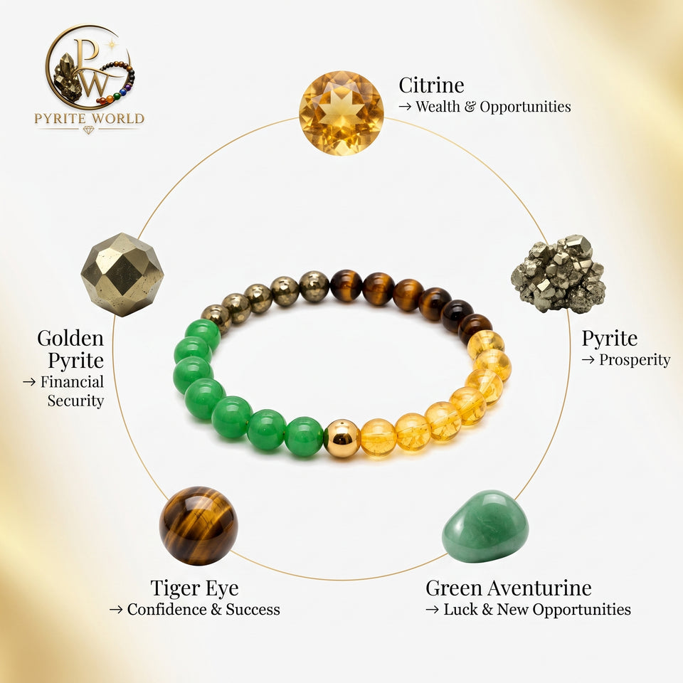 Pyrite World Money Magnet Bracelet for Men & Women | Natural Citrine, Pyrite, Green Aventurine, Tiger Eye & Golden Pyrite Crystal Beaded Bracelet | Wealth, Prosperity, Success, Positive Energy & Gift
